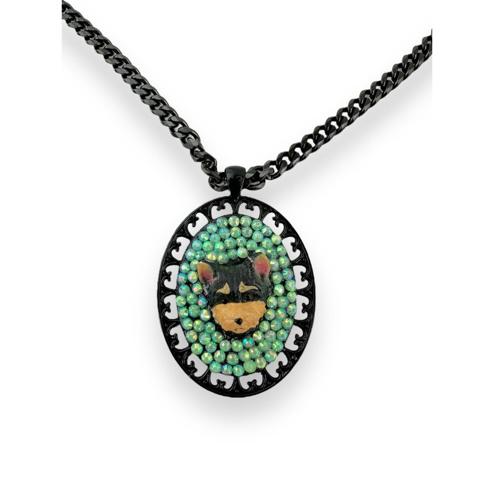 Yorkie in Emerald City Necklace OOAK Dog Rhinestones Oval Victorian 16”